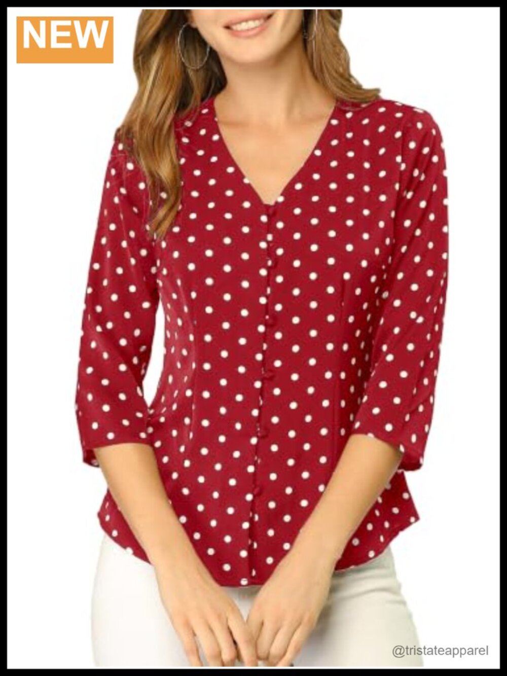 Women's Vintage Polka Dot V-Neck 3/4 Sleeve Button Down Blouse
